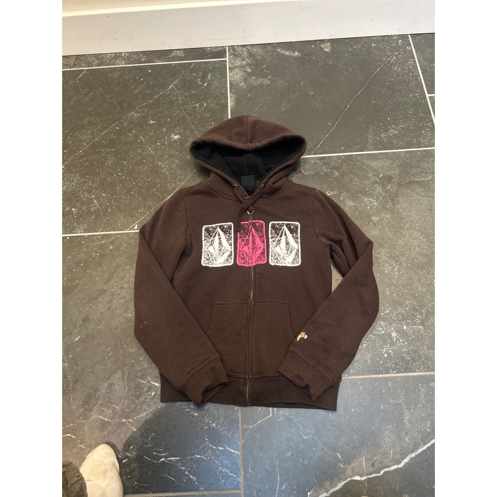 Volcom Stone Mens‎ Brown Full Zip Sherpa Lined Hoodie Y2K Graphic Logo XS